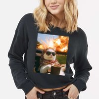 Cat Scarf Meme Drinking Coffee Selfie Chill Explosive Comet  Cropped Pullover Crew