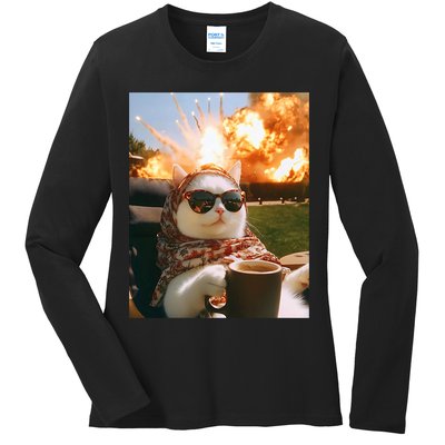 Cat Scarf Meme Drinking Coffee Selfie Chill Explosive Comet  Ladies Long Sleeve Shirt