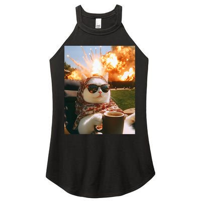 Cat Scarf Meme Drinking Coffee Selfie Chill Explosive Comet  Women's Perfect Tri Rocker Tank