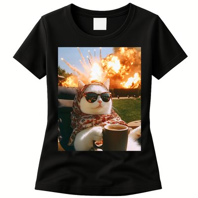 Cat Scarf Meme Drinking Coffee Selfie Chill Explosive Comet  Womens T-Shirt