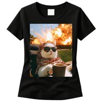 Cat Scarf Meme Drinking Coffee Selfie Chill Explosive Comet  Womens T-Shirt