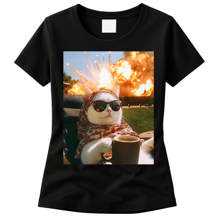 Cat Scarf Meme Drinking Coffee Selfie Chill Explosive Comet  Womens T-Shirt