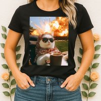 Cat Scarf Meme Drinking Coffee Selfie Chill Explosive Comet  Womens T-Shirt