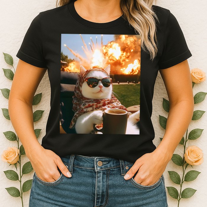 Cat Scarf Meme Drinking Coffee Selfie Chill Explosive Comet  Womens T-Shirt