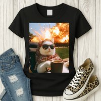 Cat Scarf Meme Drinking Coffee Selfie Chill Explosive Comet  Womens T-Shirt