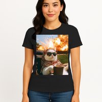 Cat Scarf Meme Drinking Coffee Selfie Chill Explosive Comet  Womens T-Shirt