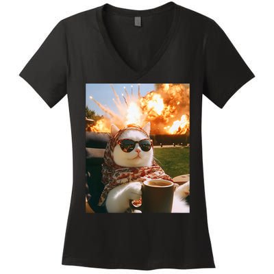 Cat Scarf Meme Drinking Coffee Selfie Chill Explosive Comet  Women's V-Neck T-Shirt