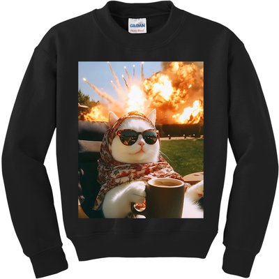 Cat Scarf Meme Drinking Coffee Selfie Chill Explosive Comet  Kids Sweatshirt