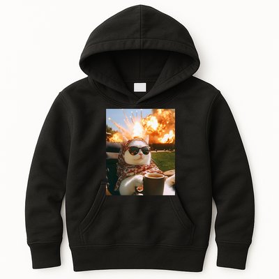 Cat Scarf Meme Drinking Coffee Selfie Chill Explosive Comet  Kids Hoodie