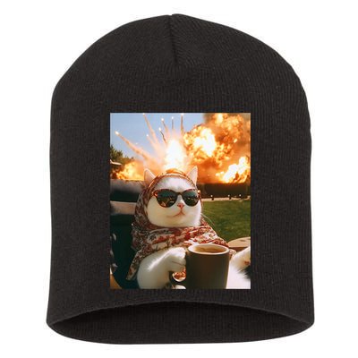 Cat Scarf Meme Drinking Coffee Selfie Chill Explosive Comet  Short Acrylic Beanie