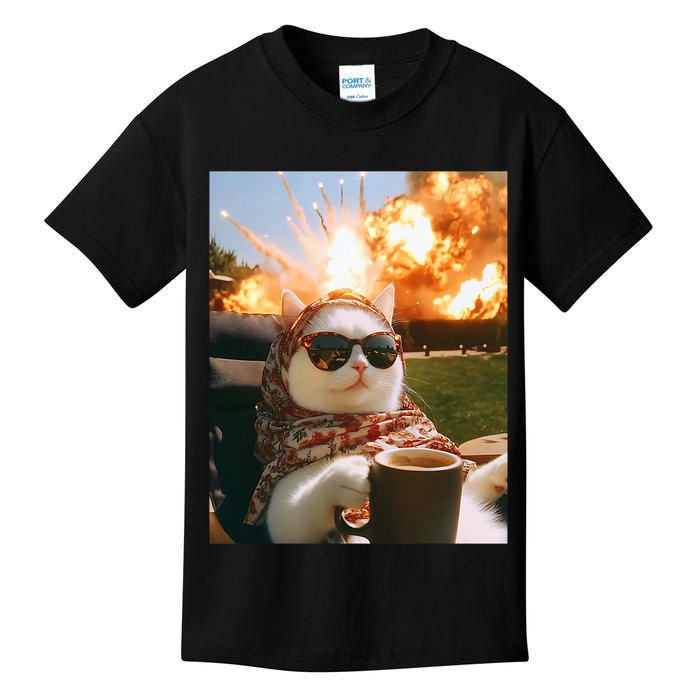 Cat Scarf Meme Drinking Coffee Selfie Chill Explosive Comet  Kids T-Shirt