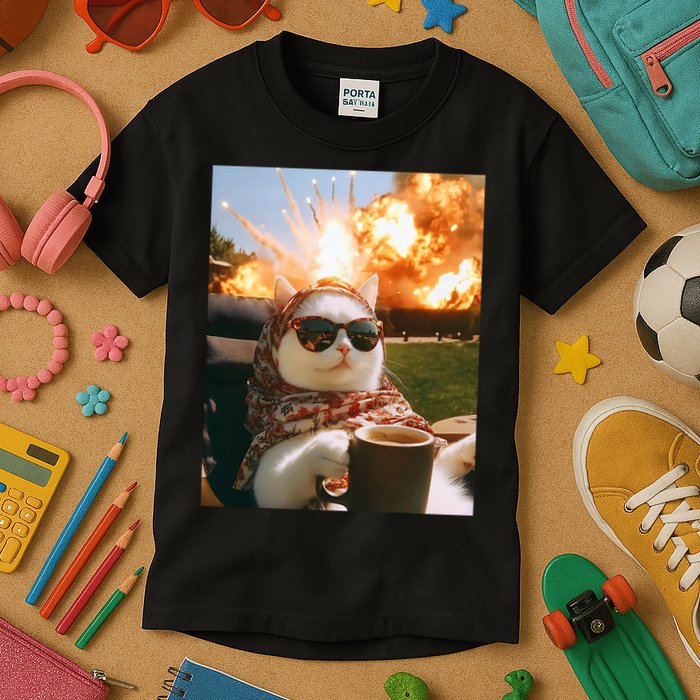 Cat Scarf Meme Drinking Coffee Selfie Chill Explosive Comet  Kids T-Shirt