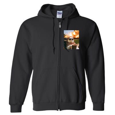 Cat Scarf Meme Drinking Coffee Selfie Chill Explosive Comet  Full Zip Hoodie