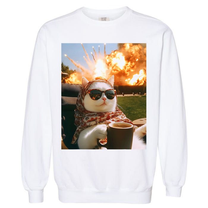 Cat Scarf Meme Drinking Coffee Selfie Chill Explosive Comet  Garment-Dyed Sweatshirt