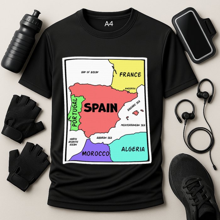 Colorful Simplified Map Of Spain. Surrounding Countries Performance Shirt