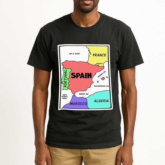 Colorful Simplified Map Of Spain. Surrounding Countries Tall T-Shirt