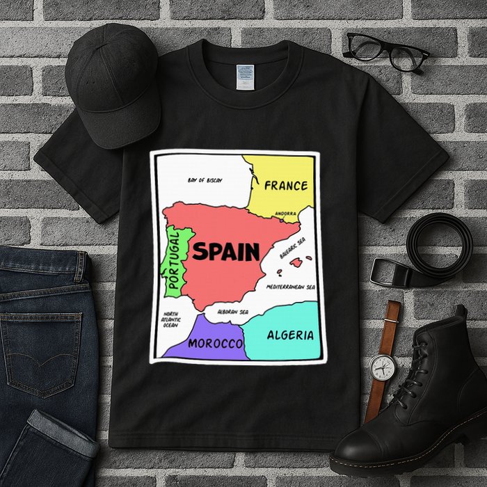 Colorful Simplified Map Of Spain. Surrounding Countries Tall T-Shirt