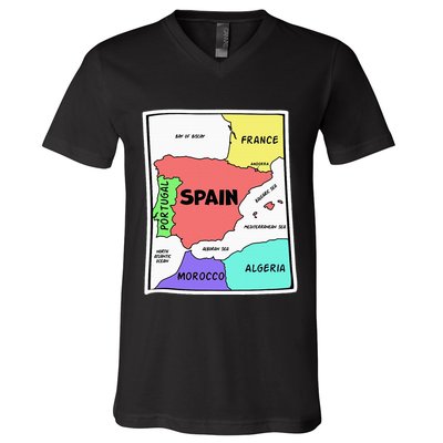 Colorful Simplified Map Of Spain. Surrounding Countries V-Neck T-Shirt