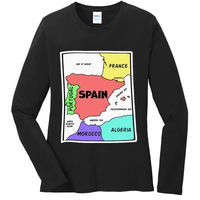 Colorful Simplified Map Of Spain. Surrounding Countries Ladies Long Sleeve Shirt
