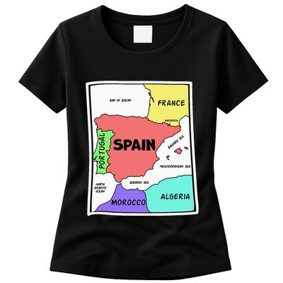 Colorful Simplified Map Of Spain. Surrounding Countries Womens T-Shirt