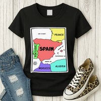 Colorful Simplified Map Of Spain. Surrounding Countries Womens T-Shirt