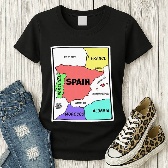 Colorful Simplified Map Of Spain. Surrounding Countries Womens T-Shirt