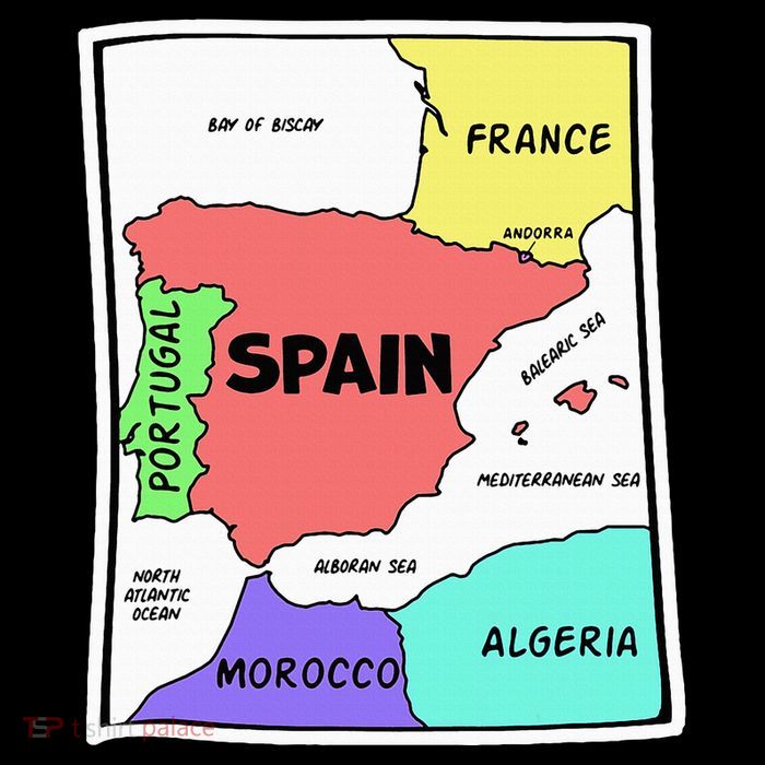 Colorful Simplified Map Of Spain. Surrounding Countries Womens T-Shirt