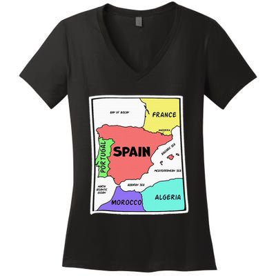 Colorful Simplified Map Of Spain. Surrounding Countries Women's V-Neck T-Shirt