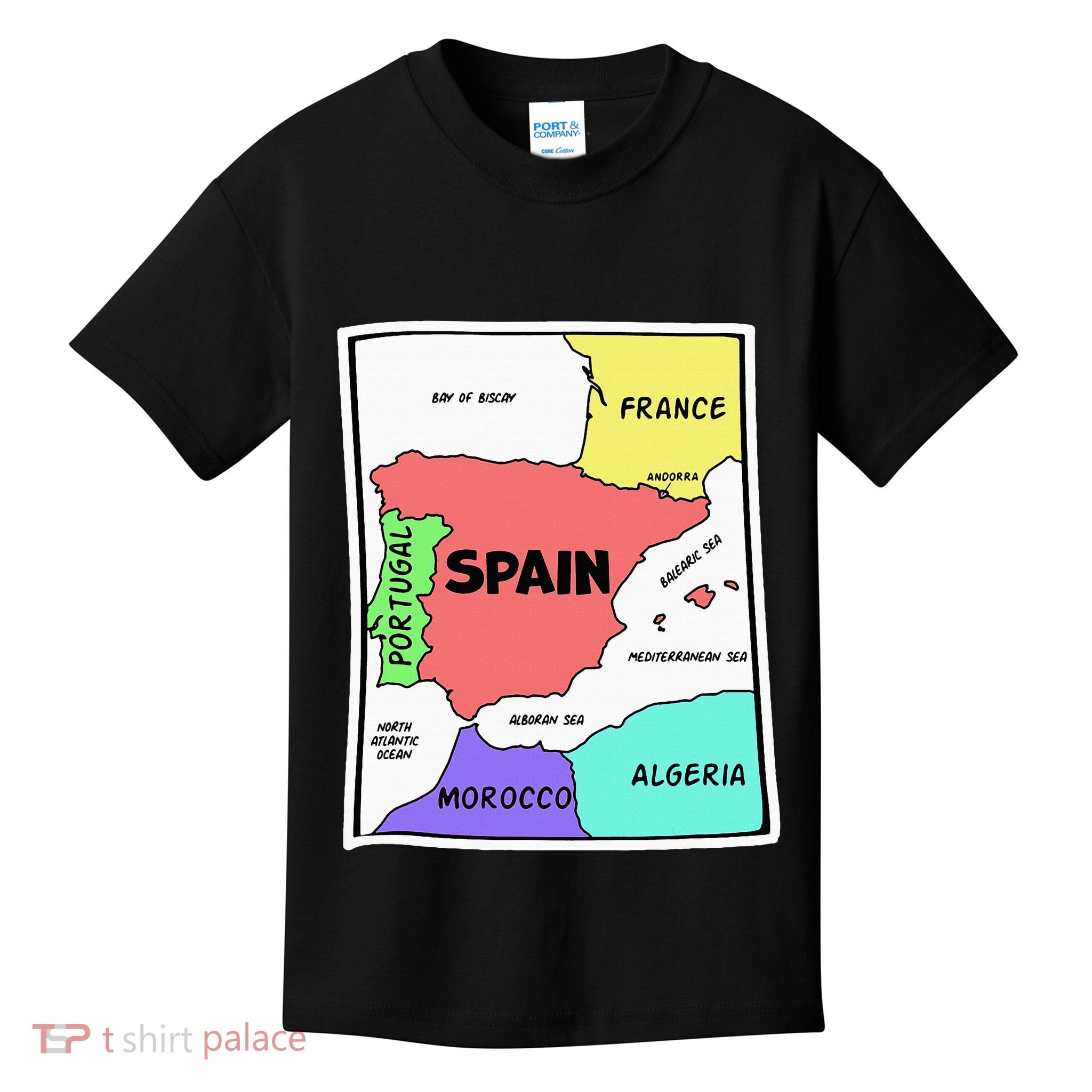 Colorful Simplified Map Of Spain. Surrounding Countries Kids T-Shirt