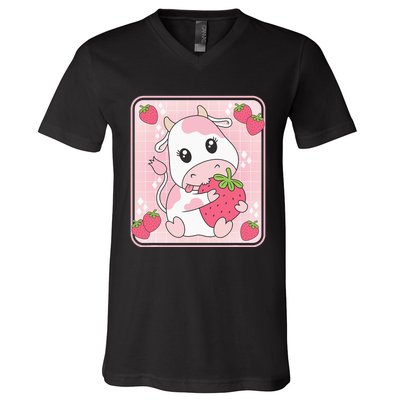 Cute Strawberry Milk Pink Cow Print Kawaii Aesthetic Animal V-Neck T-Shirt