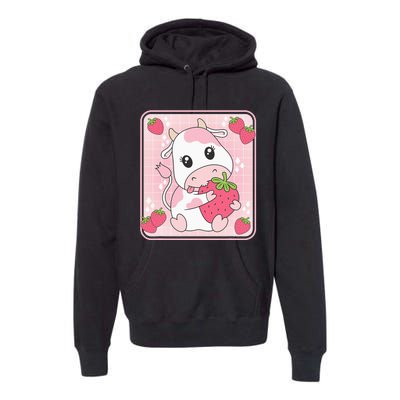 Cute Strawberry Milk Pink Cow Print Kawaii Aesthetic Animal Premium Hoodie