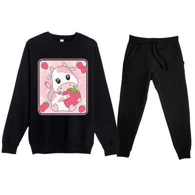 Cute Strawberry Milk Pink Cow Print Kawaii Aesthetic Animal Premium Crewneck Sweatsuit Set