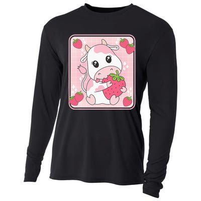 Cute Strawberry Milk Pink Cow Print Kawaii Aesthetic Animal Cooling Performance Long Sleeve Crew