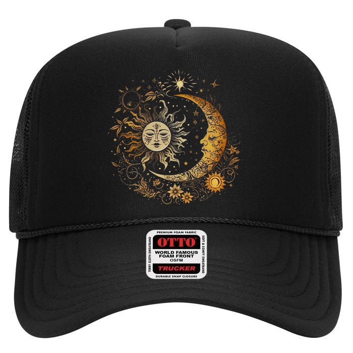 Celestial Sun Moon Flower Astrology Moon Phases High Crown Mesh Back Trucker Hat