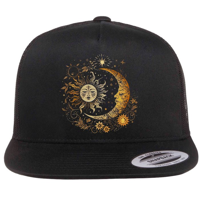 Celestial Sun Moon Flower Astrology Moon Phases Flat Bill Trucker Hat