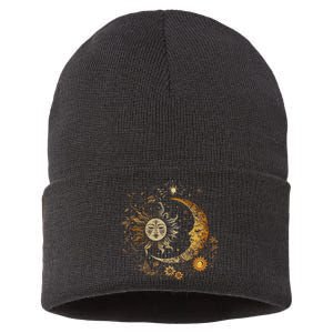 Celestial Sun Moon Flower Astrology Moon Phases Sustainable Knit Beanie