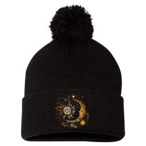 Celestial Sun Moon Flower Astrology Moon Phases Pom Pom 12in Knit Beanie