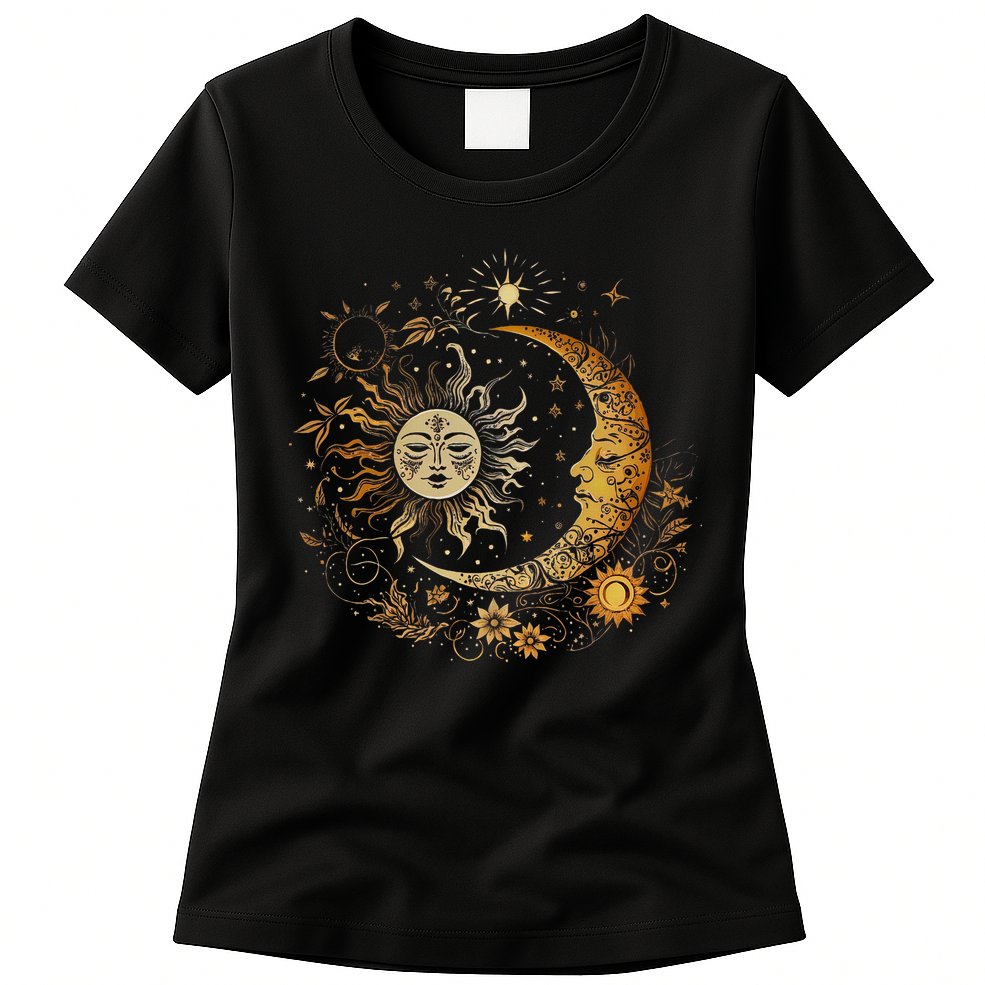 Celestial Sun Moon Flower Astrology Moon Phases Womens T-Shirt
