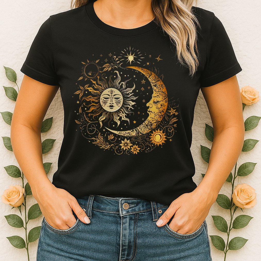 Celestial Sun Moon Flower Astrology Moon Phases Womens T-Shirt