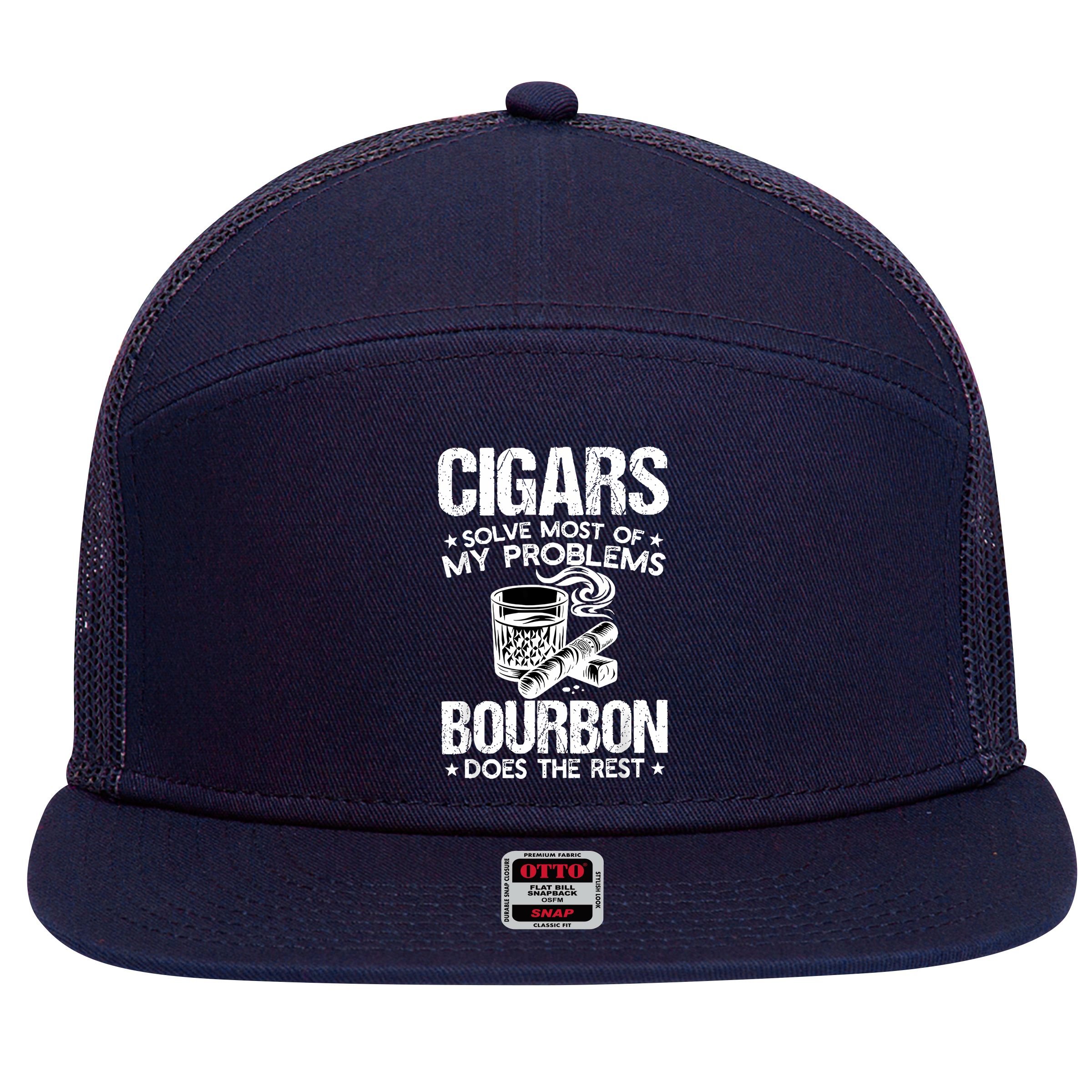 Cigars Solve Most Of My Problems Bourbon Does The Rest 7 Panel Mesh Trucker Snapback Hat
