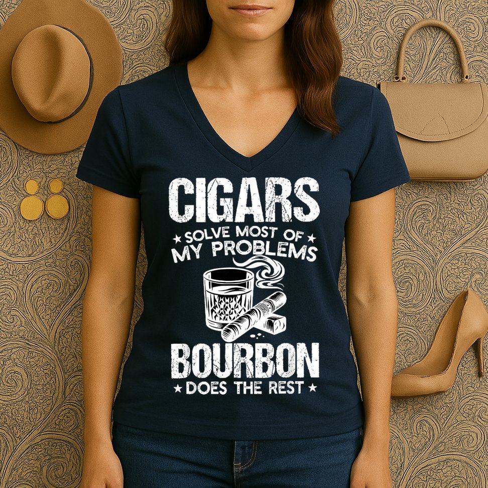 Cigars Solve Most Of My Problems Bourbon Does The Rest Women's V-Neck T-Shirt