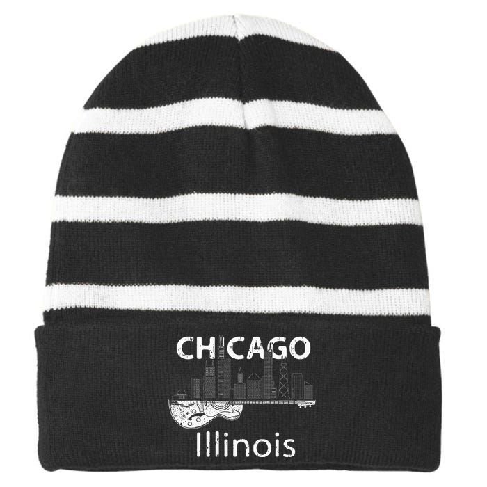 Chicago Souvenir Men Illinois Music Electric Guitar Striped Beanie with Solid Band