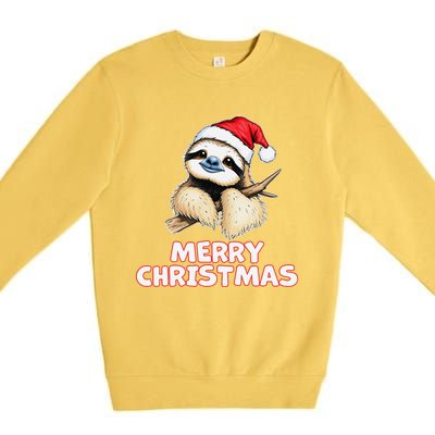 Cute Sloth Merry Christmas Santa Hat Holiday Design Premium Crewneck Sweatshirt