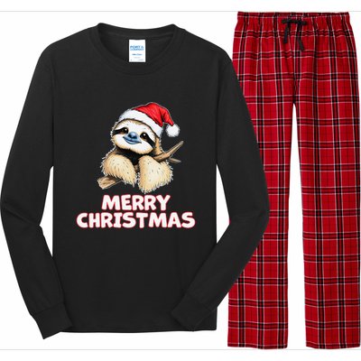 Cute Sloth Merry Christmas Santa Hat Holiday Design Long Sleeve Pajama Set