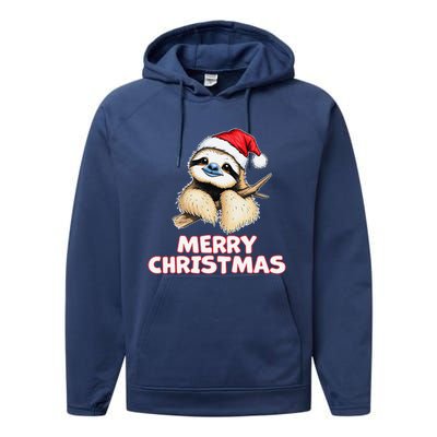 Cute Sloth Merry Christmas Santa Hat Holiday Design Performance Fleece Hoodie