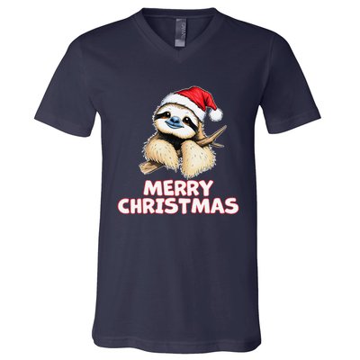 Cute Sloth Merry Christmas Santa Hat Holiday Design V-Neck T-Shirt