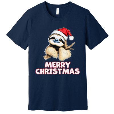 Cute Sloth Merry Christmas Santa Hat Holiday Design Premium T-Shirt