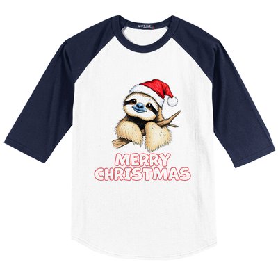 Cute Sloth Merry Christmas Santa Hat Holiday Design Baseball Sleeve Shirt