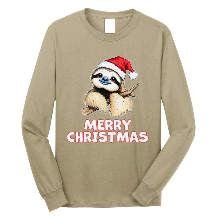 Cute Sloth Merry Christmas Santa Hat Holiday Design Long Sleeve Shirt