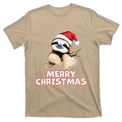 Cute Sloth Merry Christmas Santa Hat Holiday Design T-Shirt